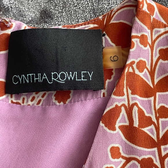 Cynthia Rowley 100% Silk Purple Rust Floral Print Drop Waist Dress Sz 6 Pockets - Picture 9 of 9